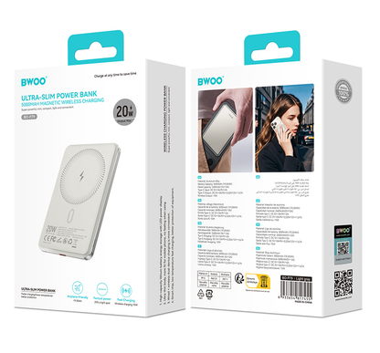 Brezžična zunanja baterija BWOO P79, 5000mAh, 20W, PD + FQI, 1 x QI - 1 x USB-C, Siva