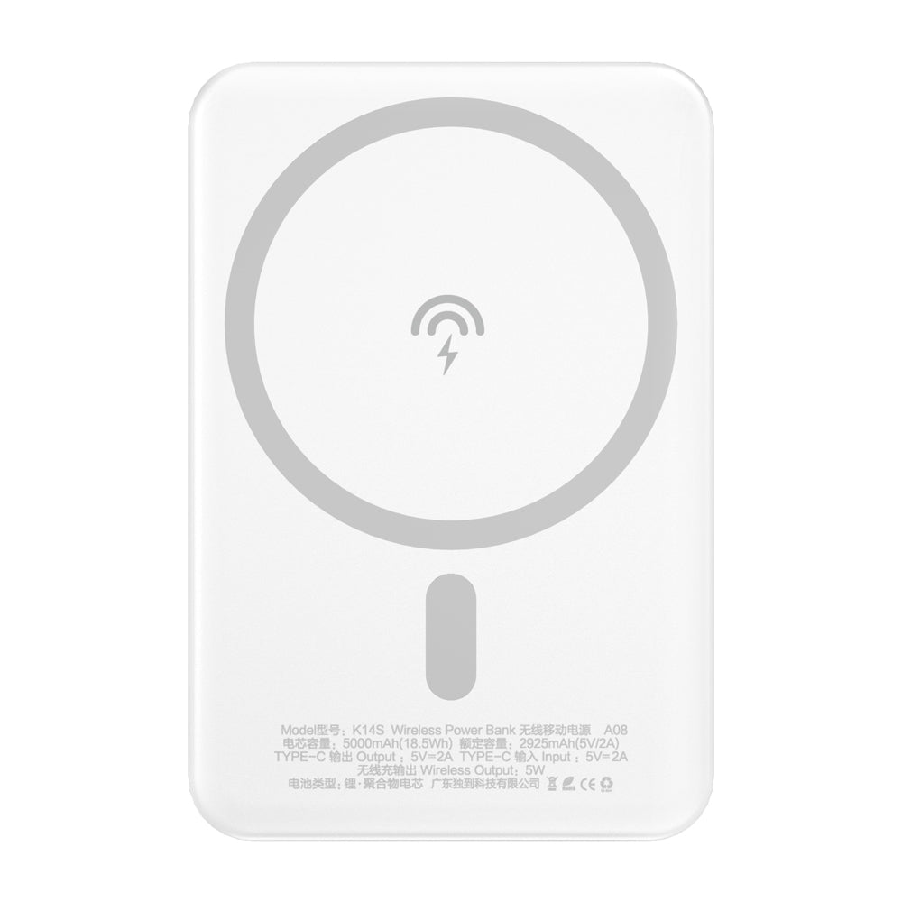 Zunanja brezžična baterija Dudao K14S, 5000mAh, 10W, PD + QI, 1 x QI - 1 x USB-C, Bela