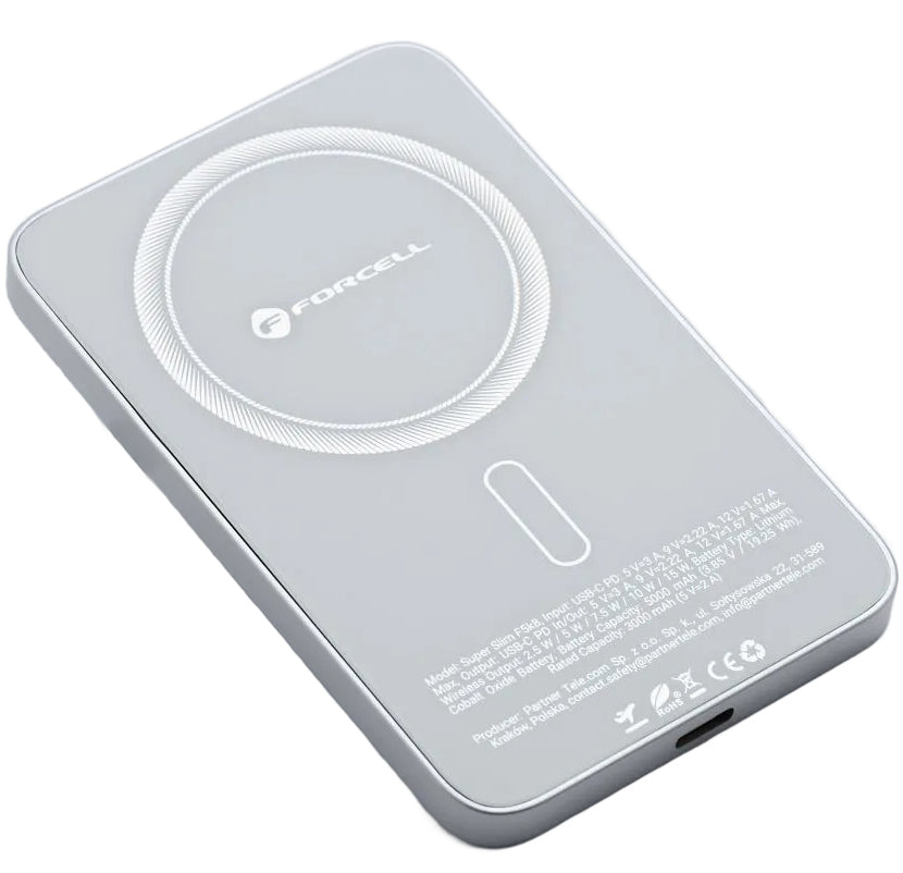 Zunanja baterija Wireless Forcell F5K8, 5000mAh, 15W, PD + FQI, 1 x QI - 1 x USB-C, Bela