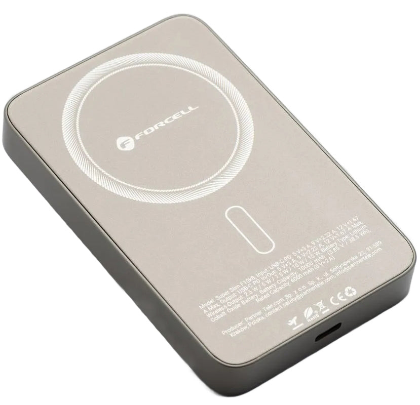 Zunanja baterija Wireless Forcell F5K8, 5000mAh, 15W, PD + FQI, 1 x QI - 1 x USB-C, Zlata