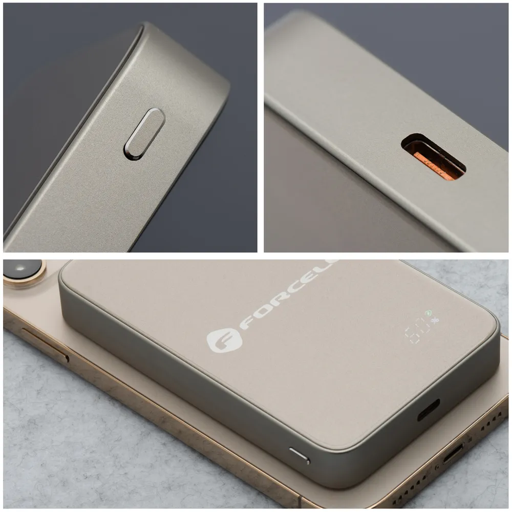Zunanja baterija Wireless Forcell F5K8, 5000mAh, 15W, PD + FQI, 1 x QI - 1 x USB-C, Zlata