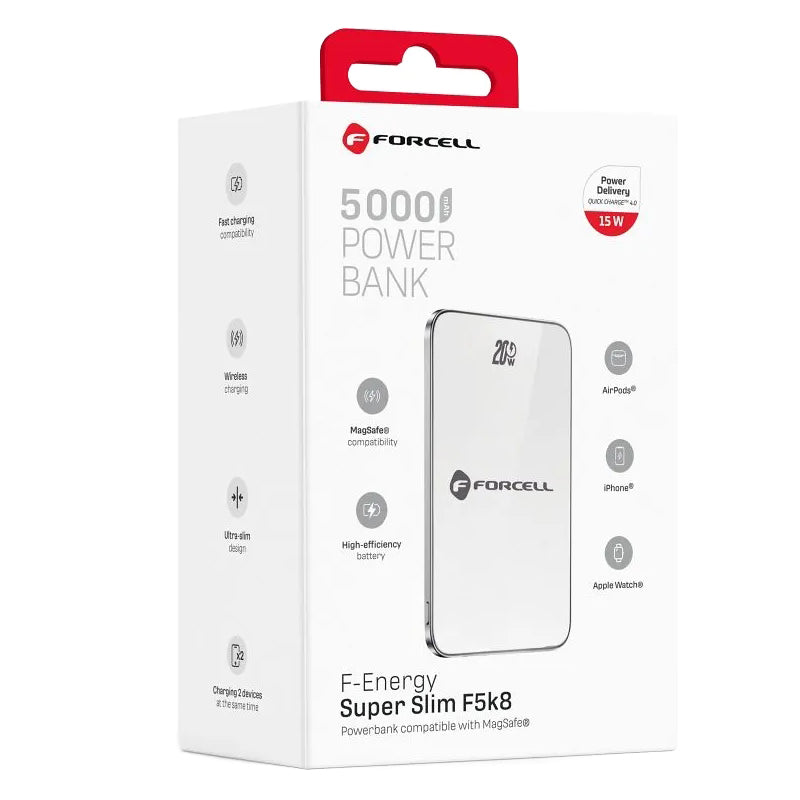 Zunanja baterija Wireless Forcell F5K8, 5000mAh, 15W, PD + FQI, 1 x QI - 1 x USB-C, Bela