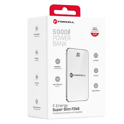 Zunanja baterija Wireless Forcell F5K8, 5000mAh, 15W, PD + FQI, 1 x QI - 1 x USB-C, Bela