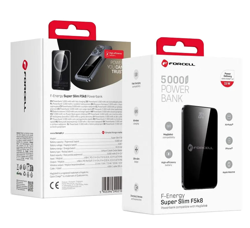 Zunanja baterija Wireless Forcell F5K8, 5000mAh, 15W, PD + FQI, 1 x QI - 1 x USB-C, črna