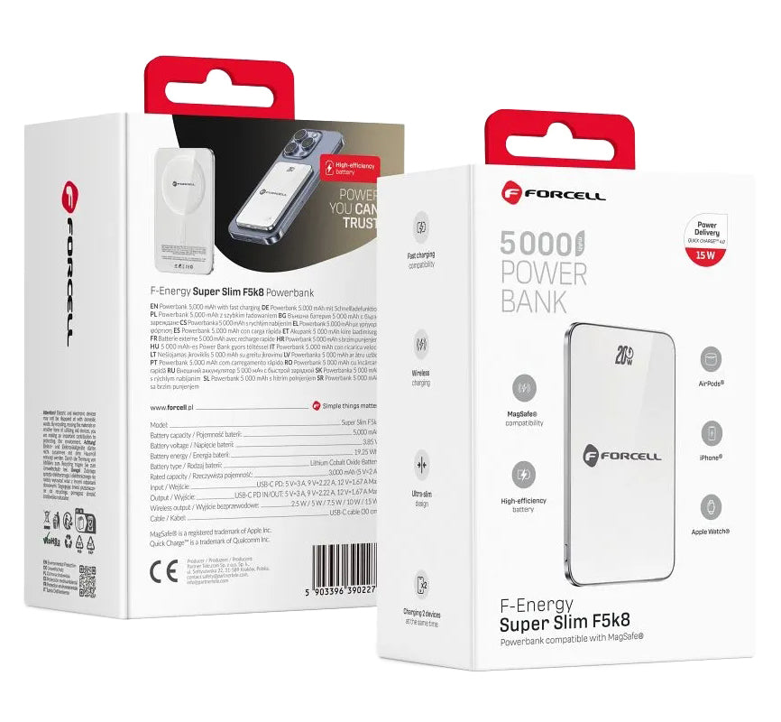 Zunanja baterija Wireless Forcell F5K8, 5000mAh, 15W, PD + FQI, 1 x QI - 1 x USB-C, Bela