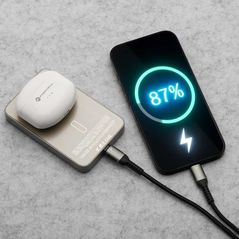 Zunanja baterija Wireless Forcell F5K8, 5000mAh, 15W, PD + FQI, 1 x QI - 1 x USB-C, Zlata