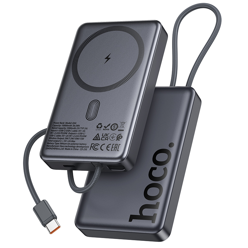 Brezžična zunanja baterija HOCO Q44, 10000mAh, 20W, PD + FQI, 1 x QI - 2 x USB-C, Siva