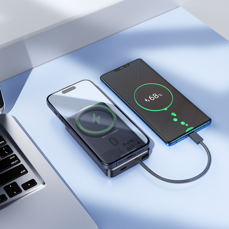 Brezžična zunanja baterija HOCO Q44, 10000mAh, 20W, PD + FQI, 1 x QI - 2 x USB-C, Siva