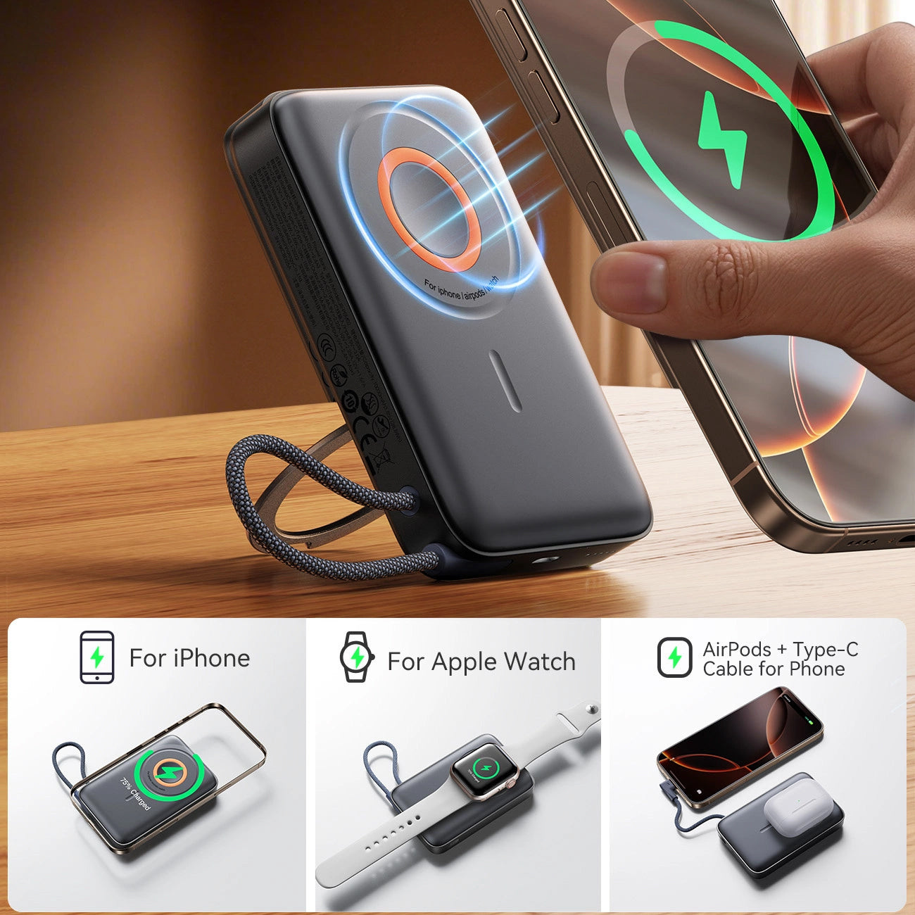 Zunanja baterija Joyroom JR-PBM02, 10000mAh, 22.5W, PD + FQI, 1 x QI - 2 x USB-C, črna