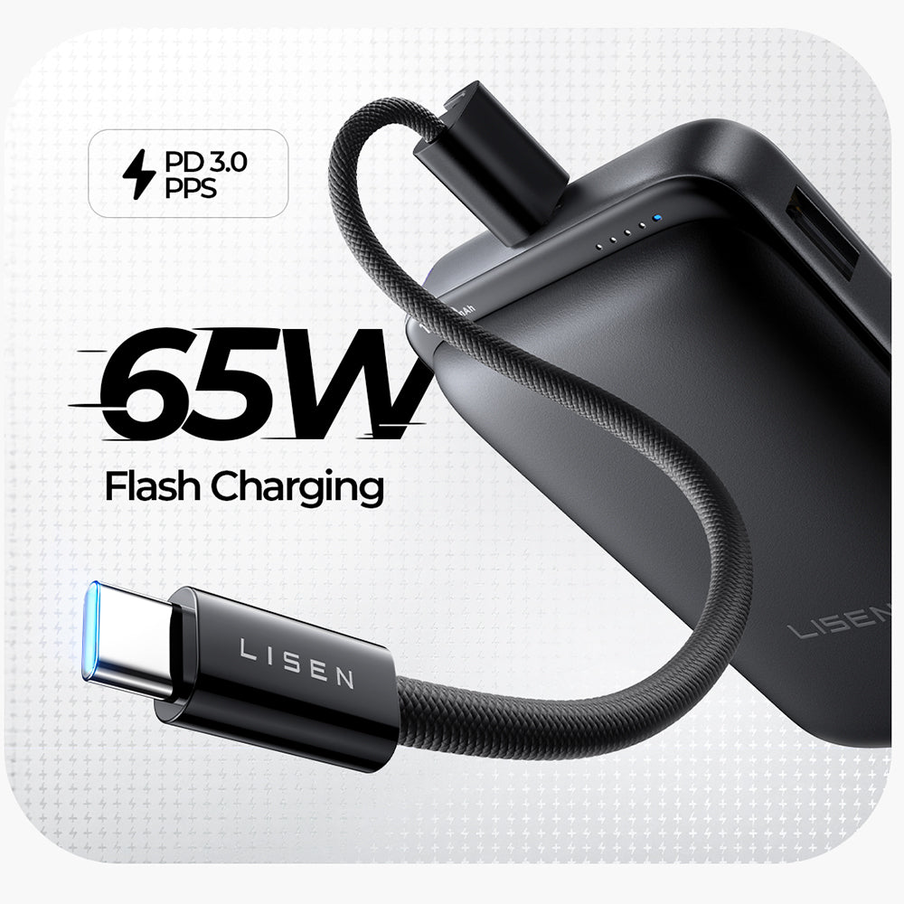 Brezžična zunanja baterija Lisen P604, 10000mAh, 65W, QC + PD + FQI, 1 x QI - 1 x USB-A - 1 x USB-C, Črna