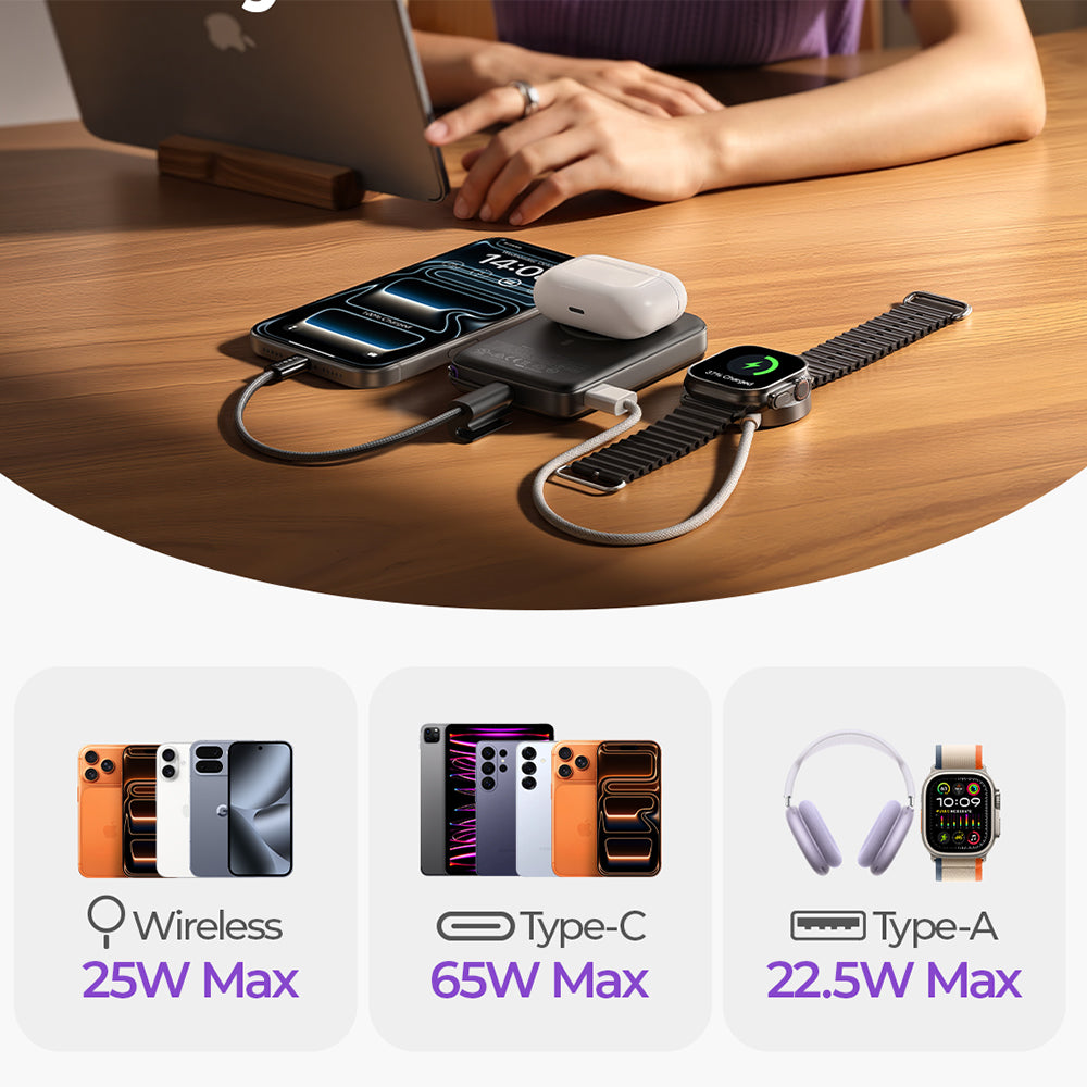 Brezžična zunanja baterija Lisen P604, 10000mAh, 65W, QC + PD + FQI, 1 x QI - 1 x USB-A - 1 x USB-C, Črna