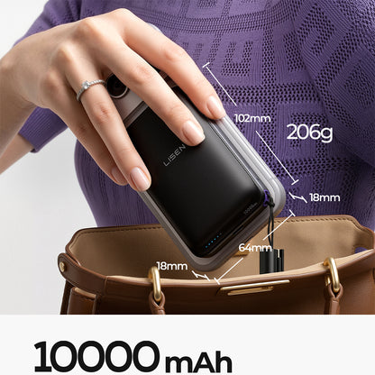 Brezžična zunanja baterija Lisen P604, 10000mAh, 65W, QC + PD + FQI, 1 x QI - 1 x USB-A - 1 x USB-C, Črna