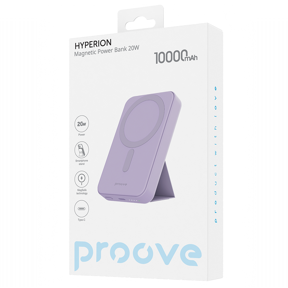 Zunanja baterija Wireless Proove Hyperion, 10000mAh, 20W, PD + FQI, 1 x QI - 1 x USB-C, Vijolična