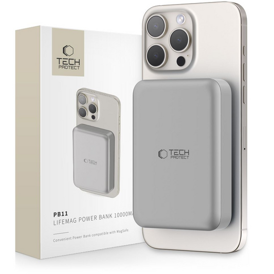 Brezžična zunanja baterija Tech-Protect PB11 LifeMag, 10000mAh, 15W, PD + FQI, 1 x QI - 1 x USB-C, siva, ponovno zaprta