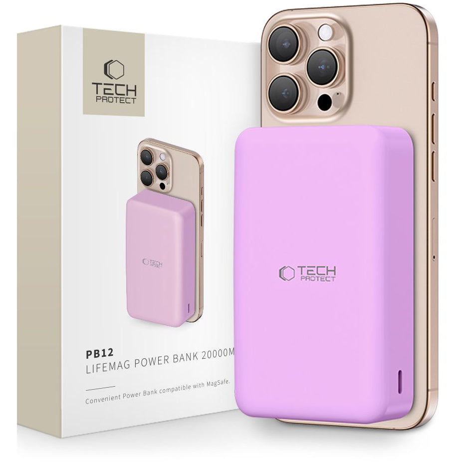 Tech-Protect PB12 LifeMag brezžična zunanja baterija, 20000 mAh, 20 W, QC + PD + FQI, 1 x QI - 1 x USB-A - 1 x USB-C, vijolična
