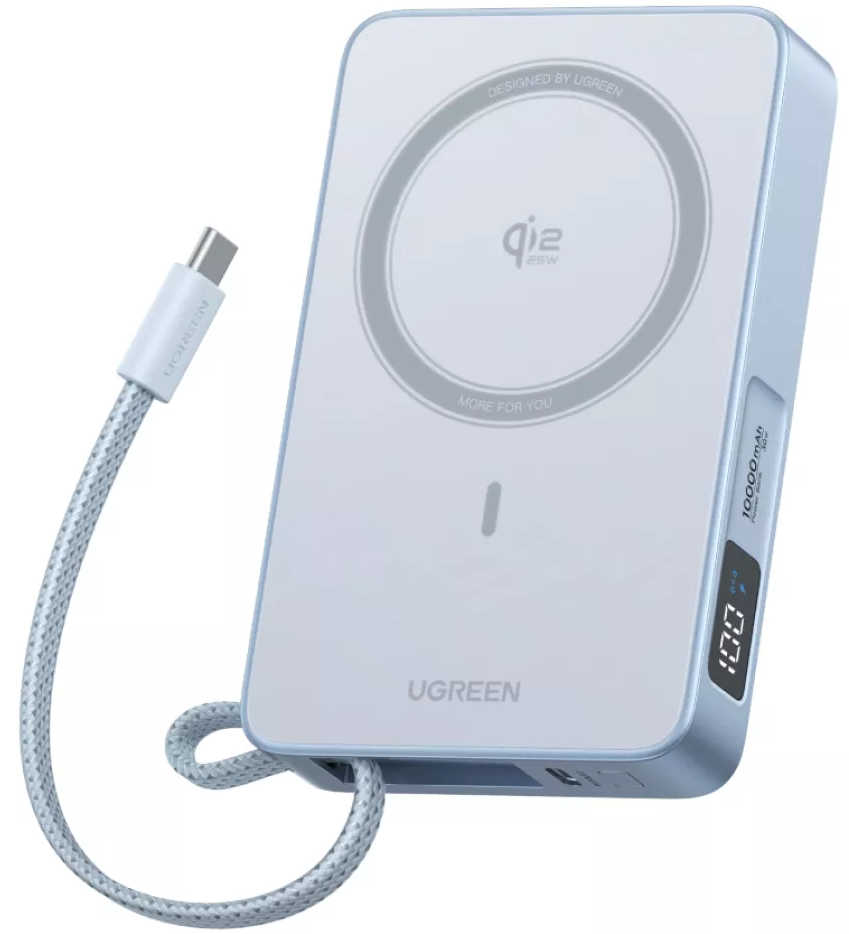 Brezžična zunanja baterija UGREEN MagFlow PB773 (65958), 10000mAh, 25W, PD + FQI, 1 x QI - 2 x USB-C, modra