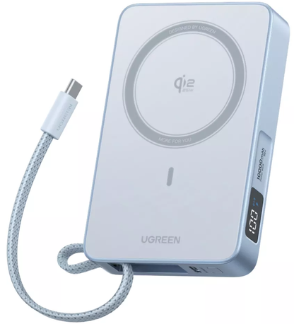 Brezžična zunanja baterija UGREEN MagFlow PB773 (65958), 10000mAh, 25W, PD + FQI, 1 x QI - 2 x USB-C, modra
