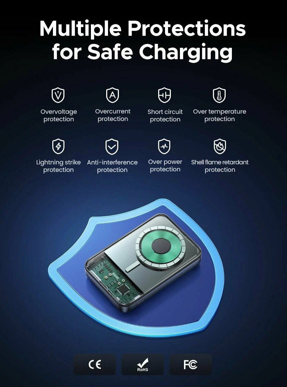 Zunanja brezžična baterija UGREEN PB562, 10000mAh, 20W, PD + FQI, 1 x QI - 1 x USB-C, črna