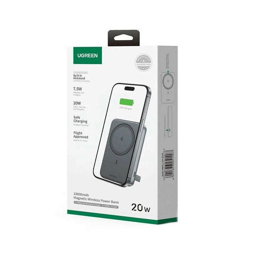 Zunanja brezžična baterija UGREEN PB562, 10000mAh, 20W, PD + FQI, 1 x QI - 1 x USB-C, črna