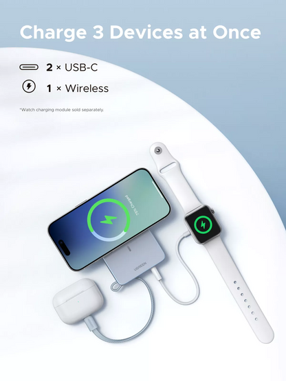 Brezžična zunanja baterija UGREEN MagFlow PB773 (65958), 10000mAh, 25W, PD + FQI, 1 x QI - 2 x USB-C, modra