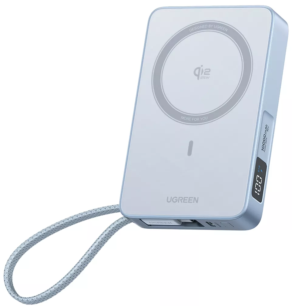 Brezžična zunanja baterija UGREEN MagFlow PB773 (65958), 10000mAh, 25W, PD + FQI, 1 x QI - 2 x USB-C, modra