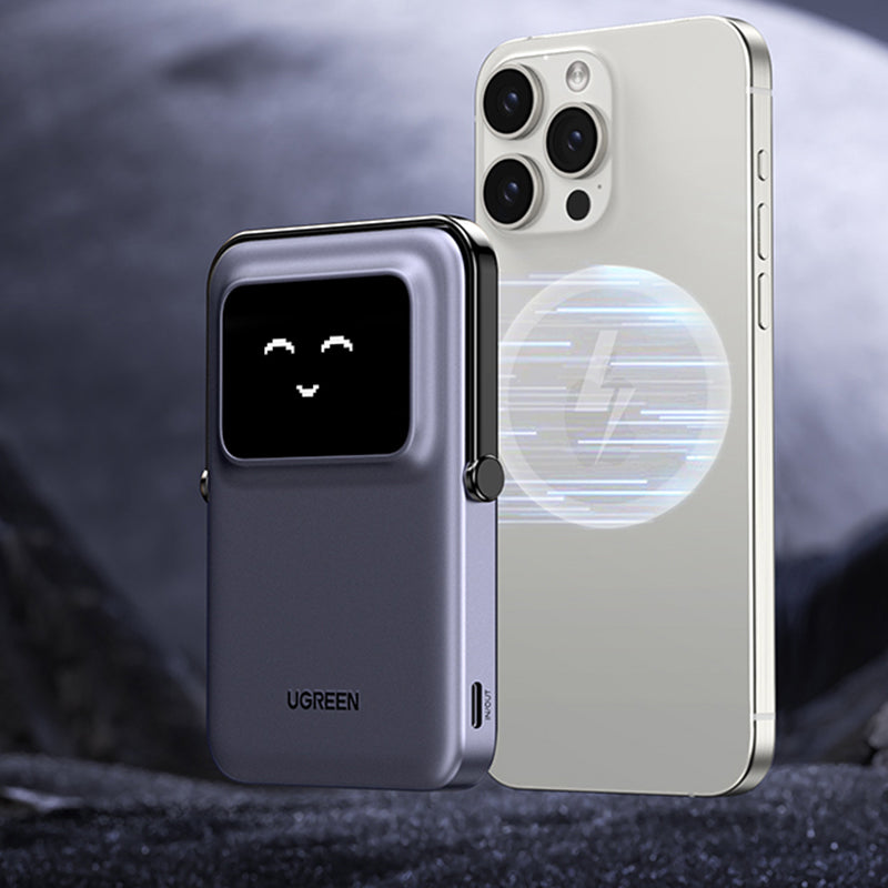 Zunanja brezžična baterija UGREEN PB571 Uno, 5000mAh, 20W, PD + FQI, 1 x QI - 1 x USB-C, Vijolična