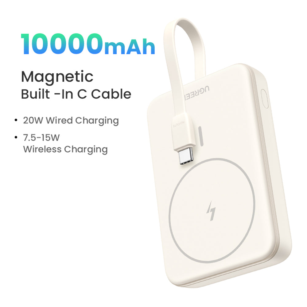 Zunanja baterija UGREEN PB760, 10000mAh, 20W, PD + FQI, 1 x QI - 1 x USB-C, Bež