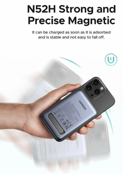 Zunanja brezžična baterija UGREEN PB562, 10000mAh, 20W, PD + FQI, 1 x QI - 1 x USB-C, črna
