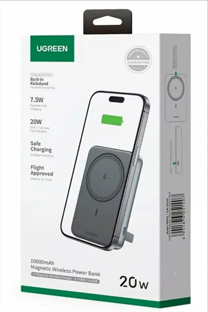 Zunanja brezžična baterija UGREEN PB561, 10000mAh, 20W, PD + FQI, 1 x QI - 1 x USB-C, Črna