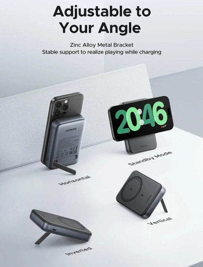 Zunanja brezžična baterija UGREEN PB562, 10000mAh, 20W, PD + FQI, 1 x QI - 1 x USB-C, črna
