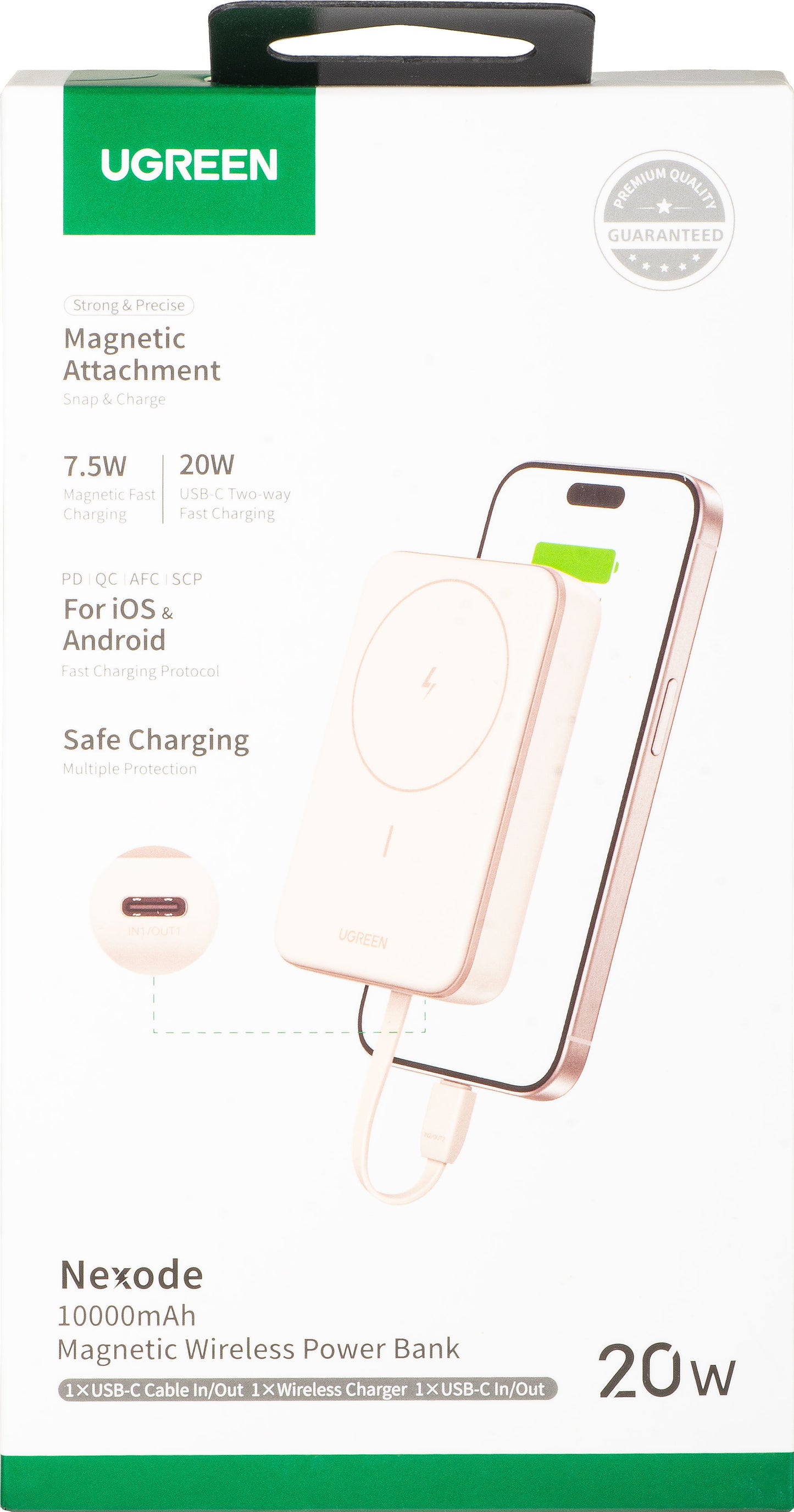 Zunanja baterija UGREEN PB760, 10000mAh, 20W, PD + FQI, 1 x QI - 1 x USB-C, Bež
