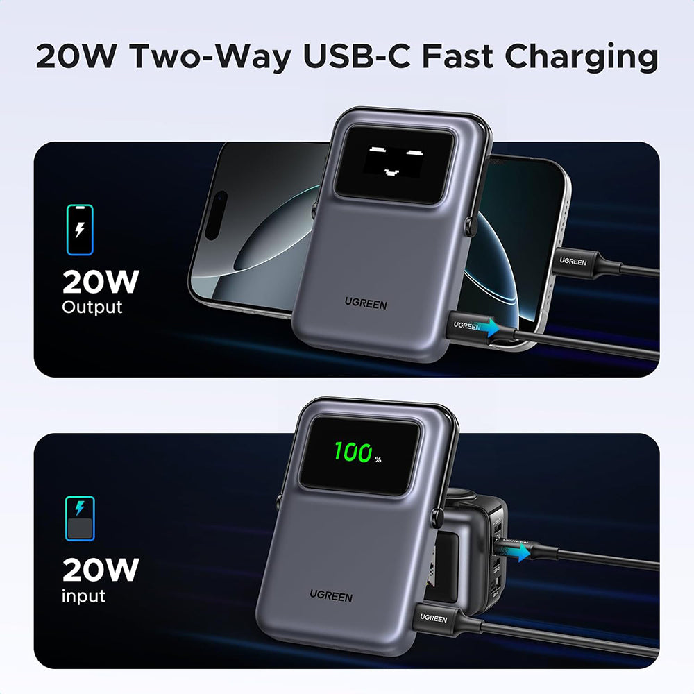 Zunanja brezžična baterija UGREEN PB764 Uno, 10000mAh, 20W, PD + FQI, 1 x QI - 1 x USB-C, Siva
