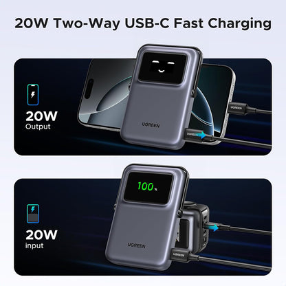 Zunanja brezžična baterija UGREEN PB764 Uno, 10000mAh, 20W, PD + FQI, 1 x QI - 1 x USB-C, Siva