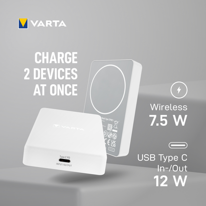 Varta Mag Pro Wireless External Battery, 5000mAh, 12W, 1 x QI - 1 x USB-C, White