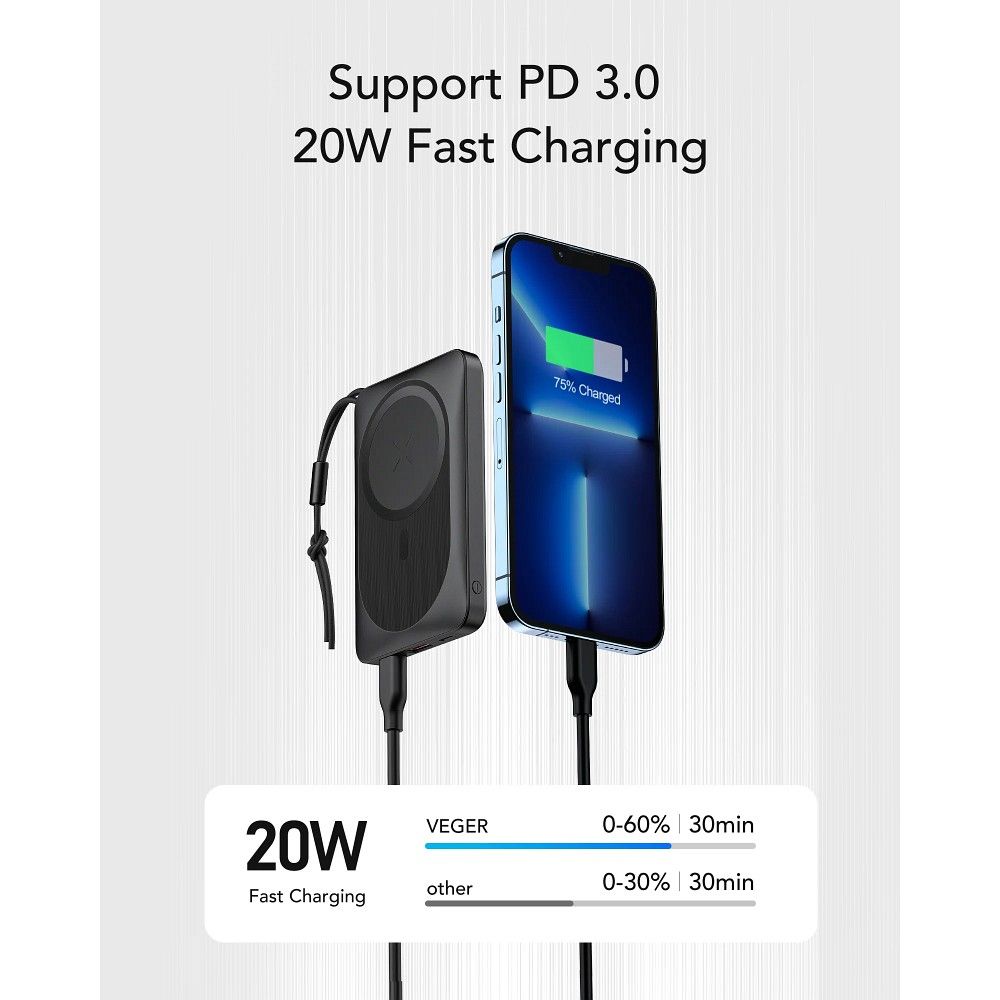 Zunanja brezžična baterija Veger VP1151 / W1151, 10000mAh, 22.5W, QC + PD + FQI, 1 x QI - 1 x USB-A - 1 x USB-C, Črna