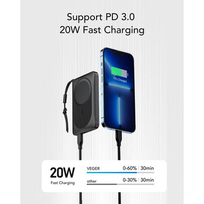 Zunanja brezžična baterija Veger VP1151 / W1151, 10000mAh, 22.5W, QC + PD + FQI, 1 x QI - 1 x USB-A - 1 x USB-C, Črna