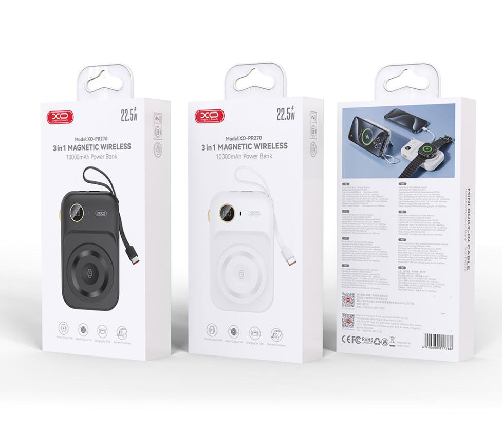 Zunanja baterija Wireless XO Design PR270, 10000mAh, 22.5W, QC + PD + QI, 1 x QI - 1 x USB-A - 1 x USB-C, Bela