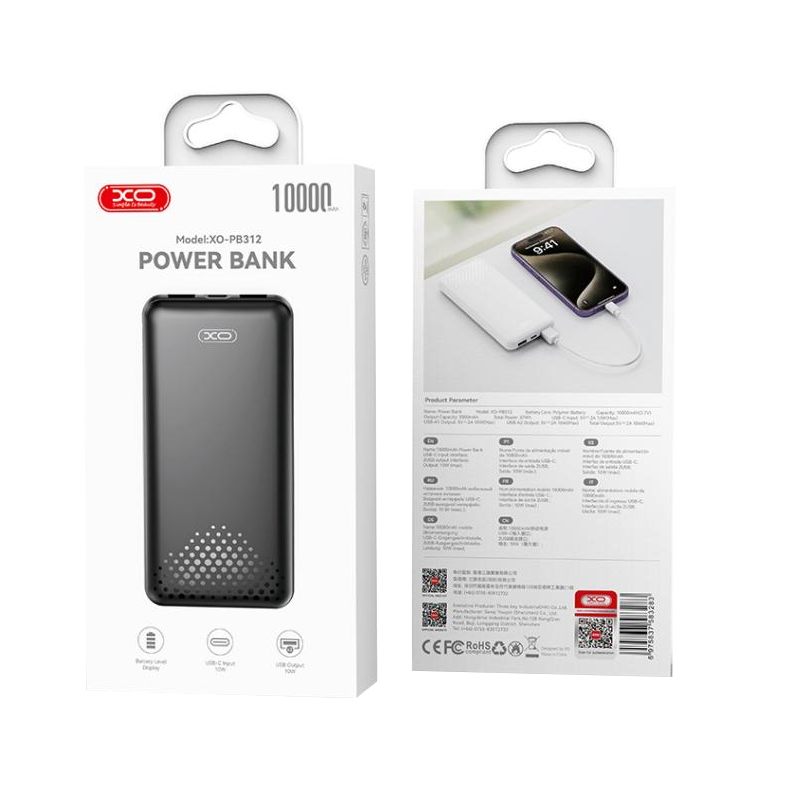 Zunanja baterija XO Design PB312, 10000mAh, 10W, 2 x USB-A, Črna