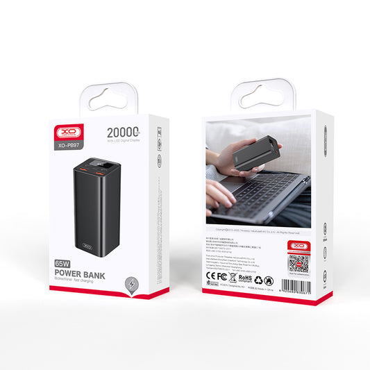 Zunanja baterija XO Design PB97, 20000mAh, 65W, QC + PD, 2 x USB-A - 2 x USB-C, Črna