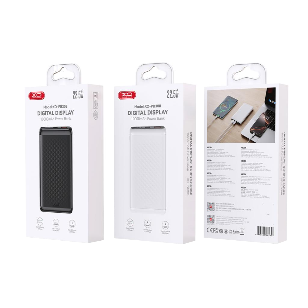Zunanji akumulator XO Design PB308, 10000mAh, 22,5W, QC + PD, 1 x USB-A - 1 x USB-C, Črn