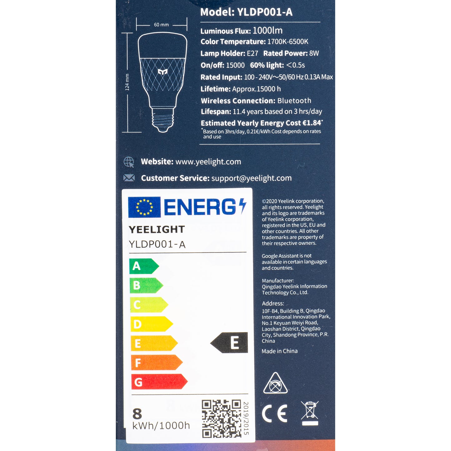 LED bulb Yeelight M2, Wi-Fi, E27, 8W, 1700K - 6500K, 1000lm, Multicolor YLDP001-A YLDP001-A 