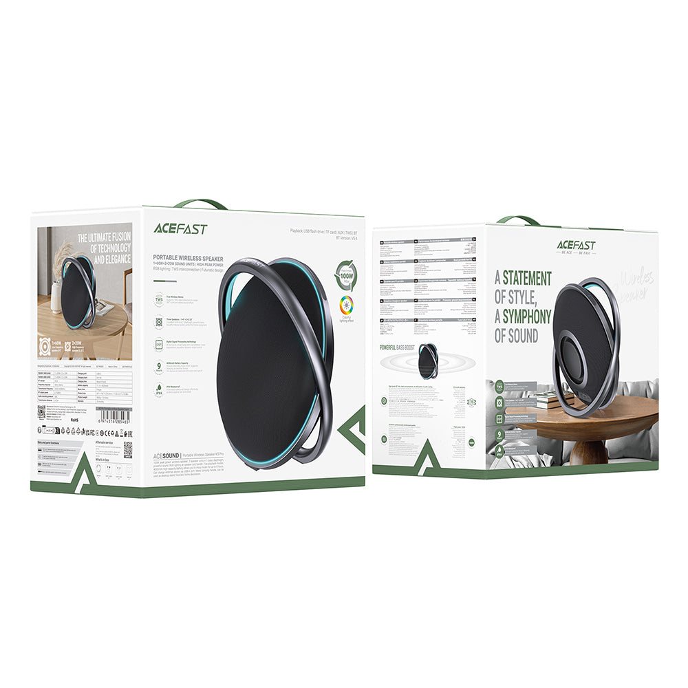 Acefast K5 Pro Bluetooth Speaker, 100W, RGB, Waterproof, Black