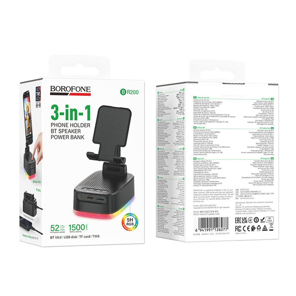 Bluetooth zvočnik Borofone BR200 Marea 2v1, 5W, TWS, RGB, Črn