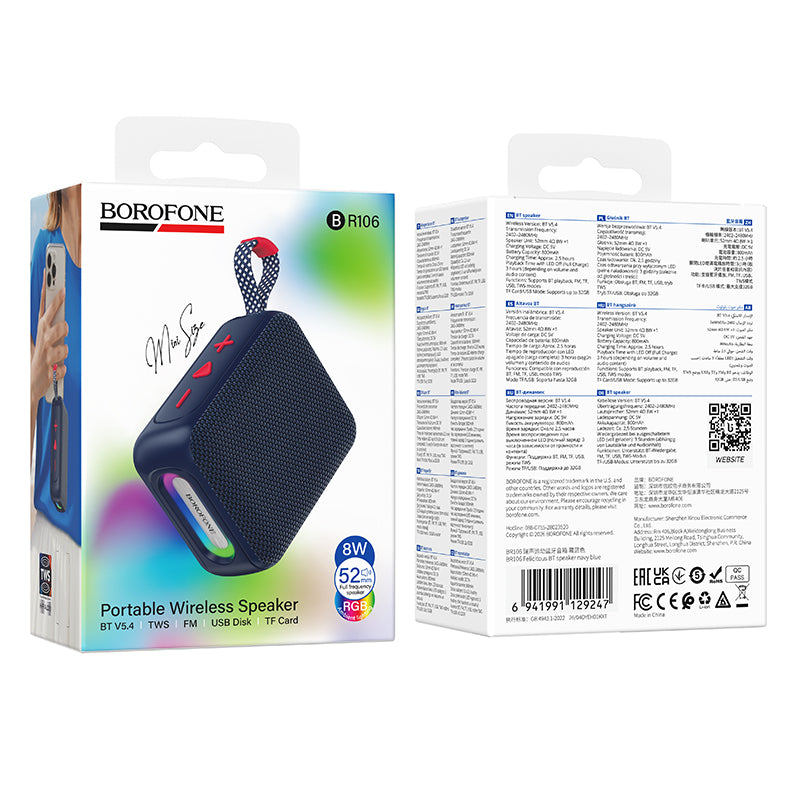 Prenosni Bluetooth zvočnik Borofone BR106 Felicitous, 8 W, TWS, RGB, mornarsko moder
