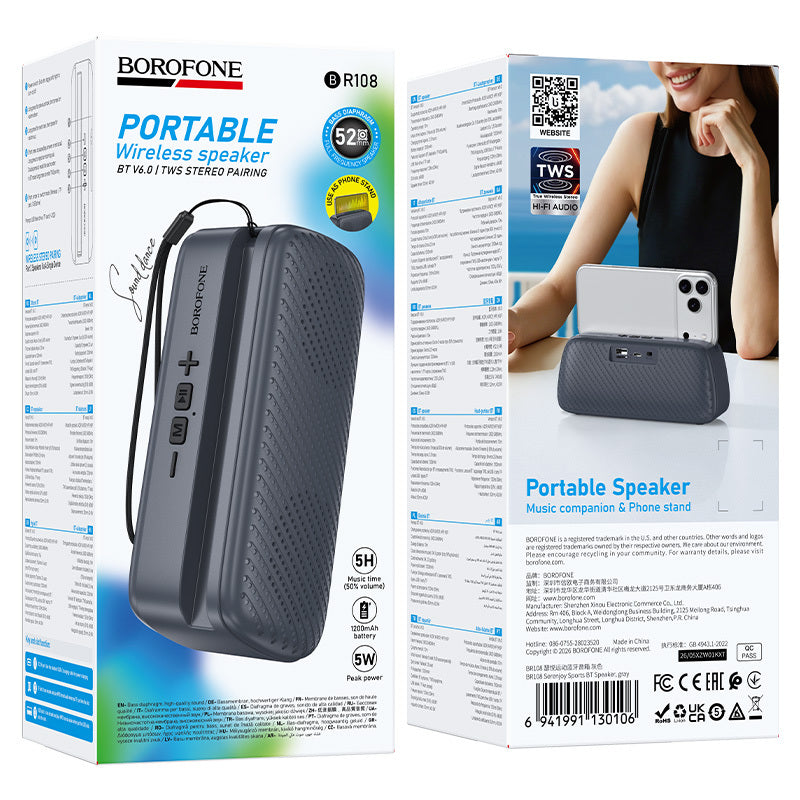 Prenosni zvočnik Bluetooth Borofone BR108 Serenjoy, 5 W, TWS, siv
