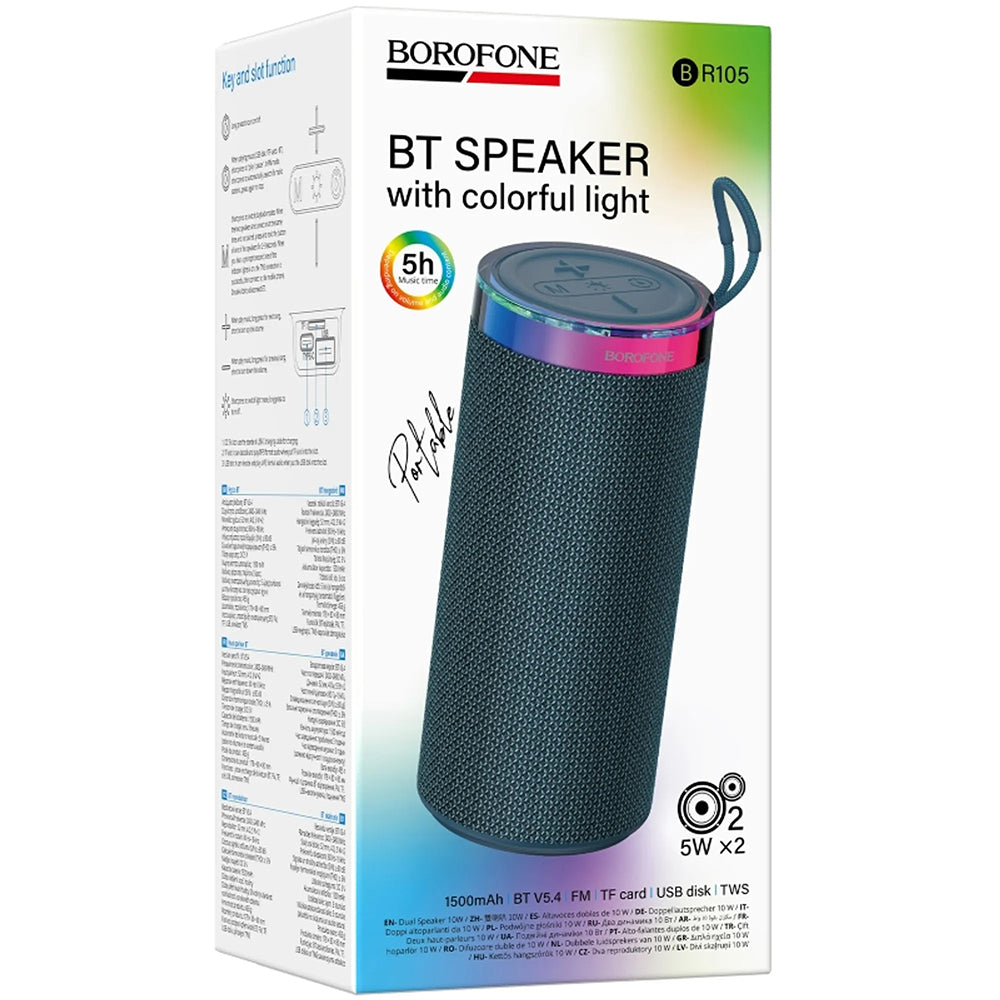 Borofone BR105 Loud Portable Bluetooth Speaker, 10W, TWS, RGB, Navy Blue