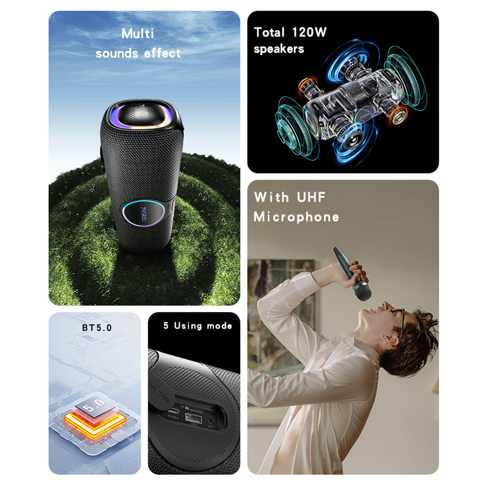 Bluetooth zvočnik Yesido YSW21 Karaoke, 120W, RGB, Vodoodporen, Črn