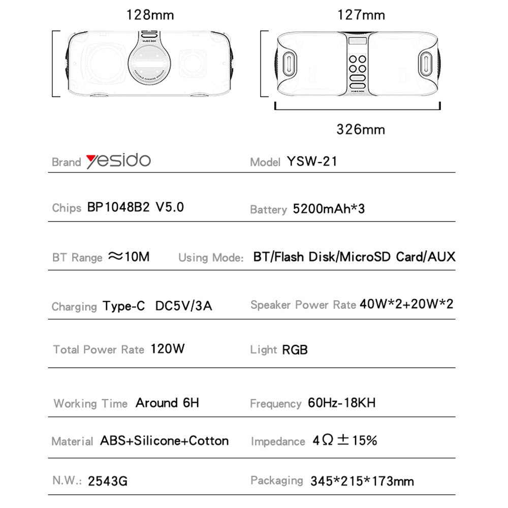 Bluetooth zvočnik Yesido YSW21 Karaoke, 120W, RGB, Vodoodporen, Črn