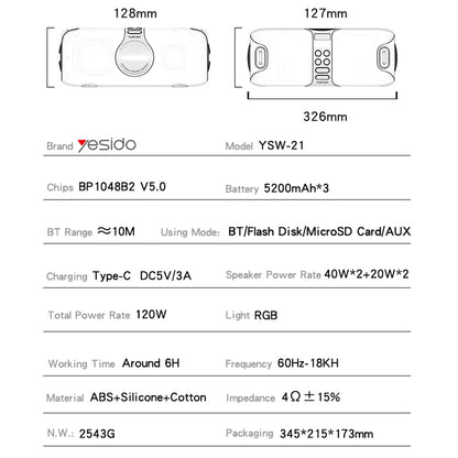 Bluetooth zvočnik Yesido YSW21 Karaoke, 120W, RGB, Vodoodporen, Črn