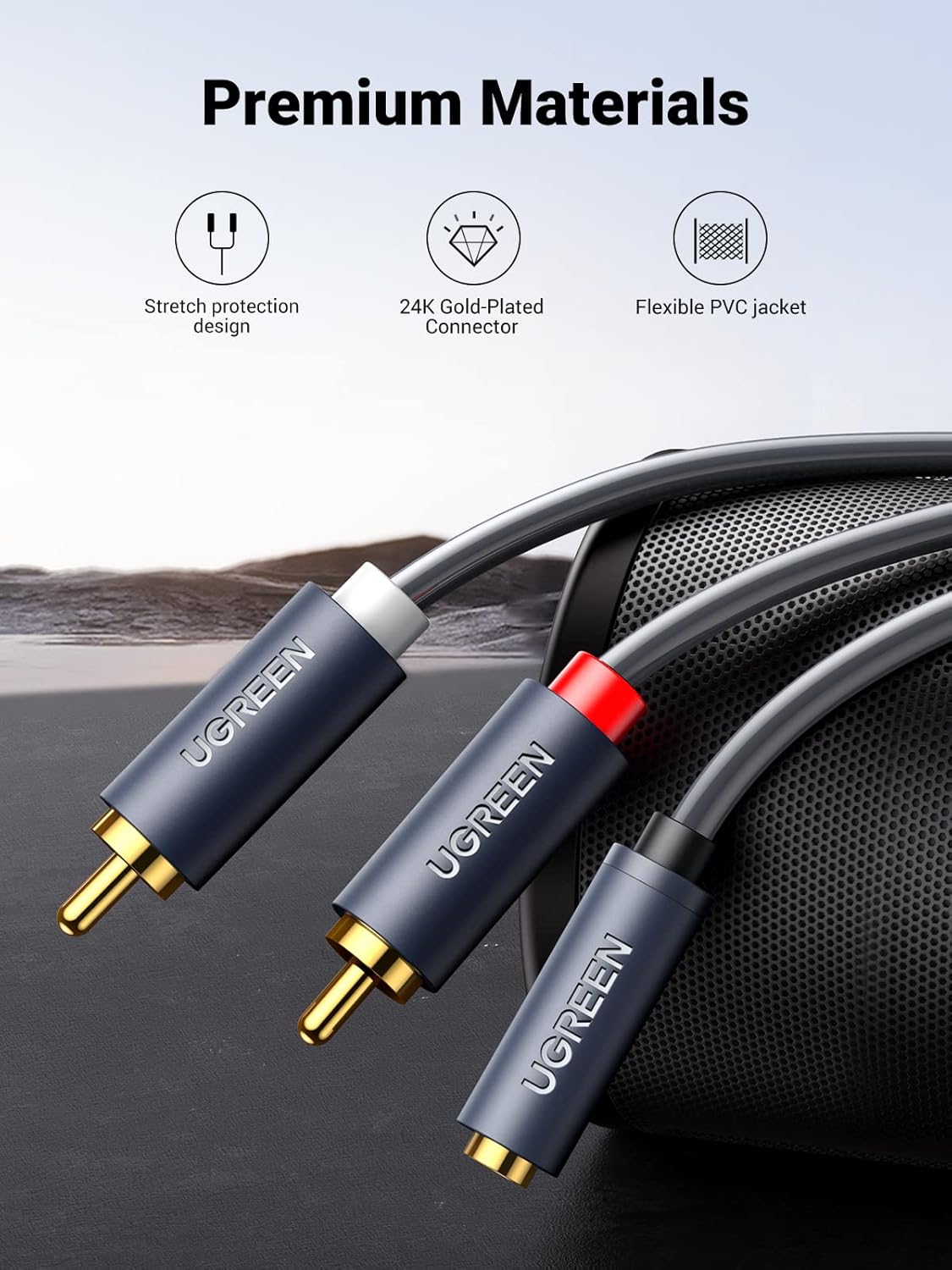 Zvočni kabel 3,5 mm - 2 x RCA UGREEN AV102, 1 m, siv 
